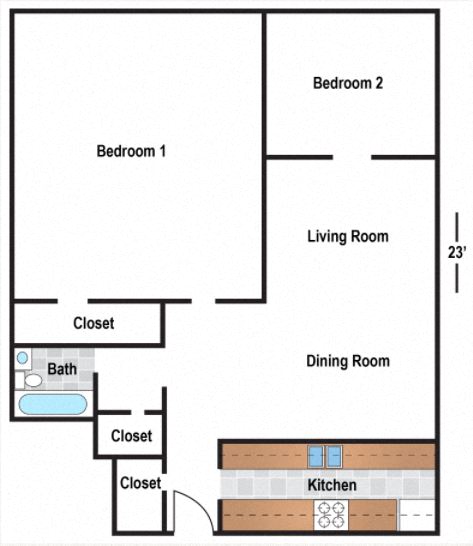 Floor plan for 2 beds, 1 bath, 704 sqft